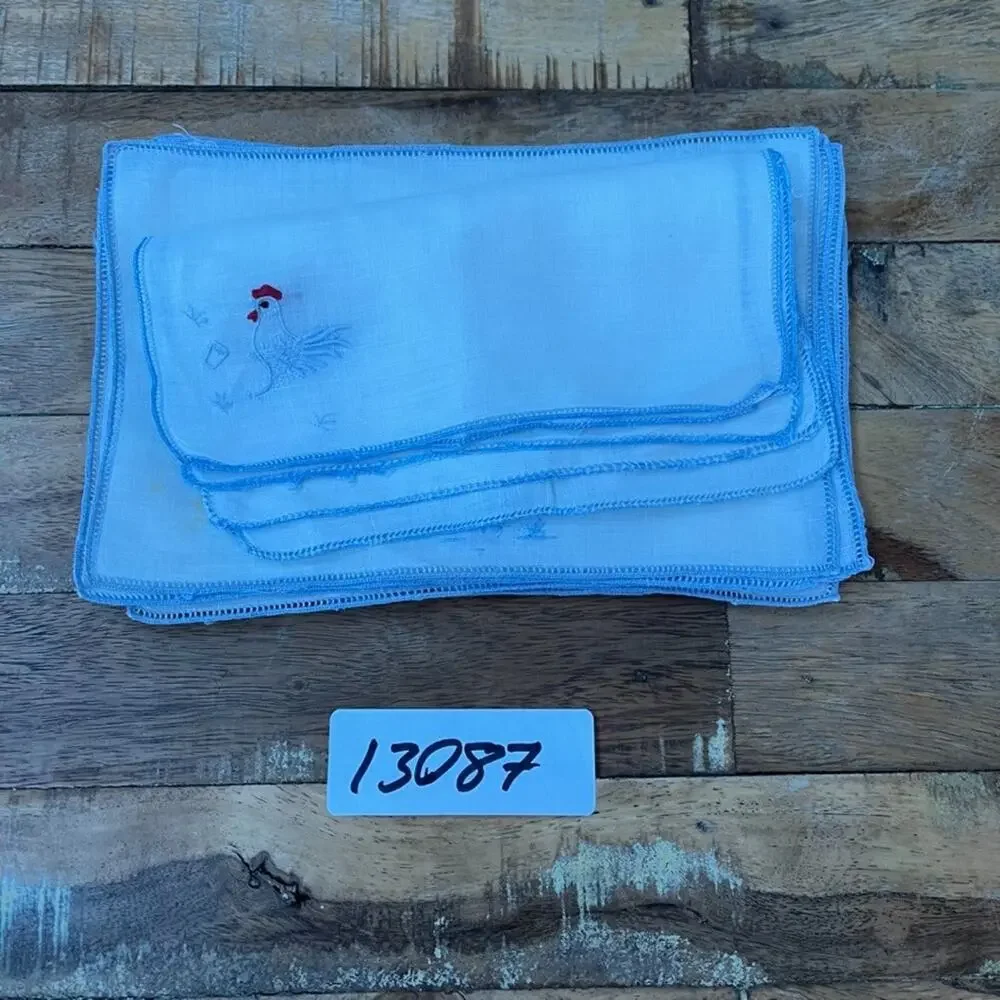 Madeira Linen Cocktail Napkins Set of 16 Hand-Embroidered Blue Rooster Drink